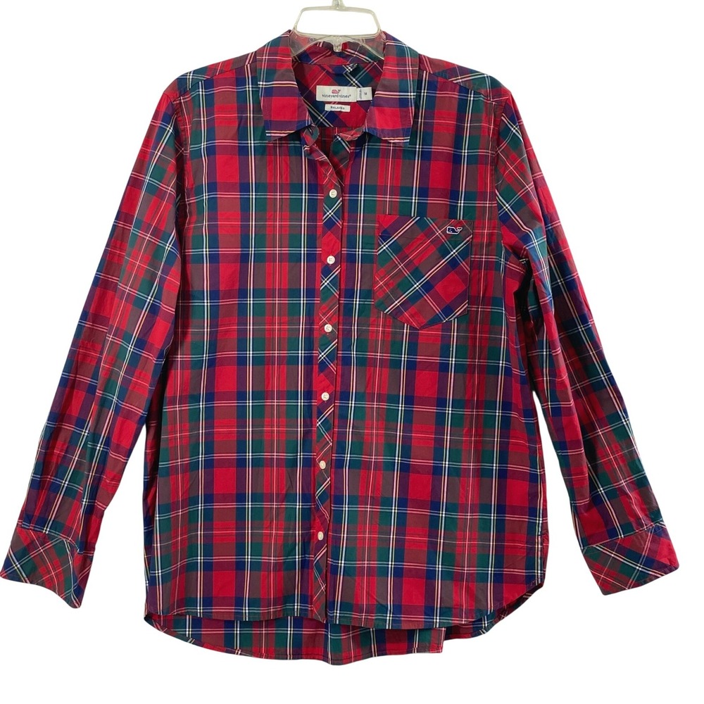 Vineyard Vines Shirt Womens 14 Relaxed Fit Plaid Tartan Red Green Blue Button Up